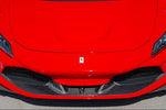 Capristo carbon fiber front spoiler on a red Ferrari F8, front view