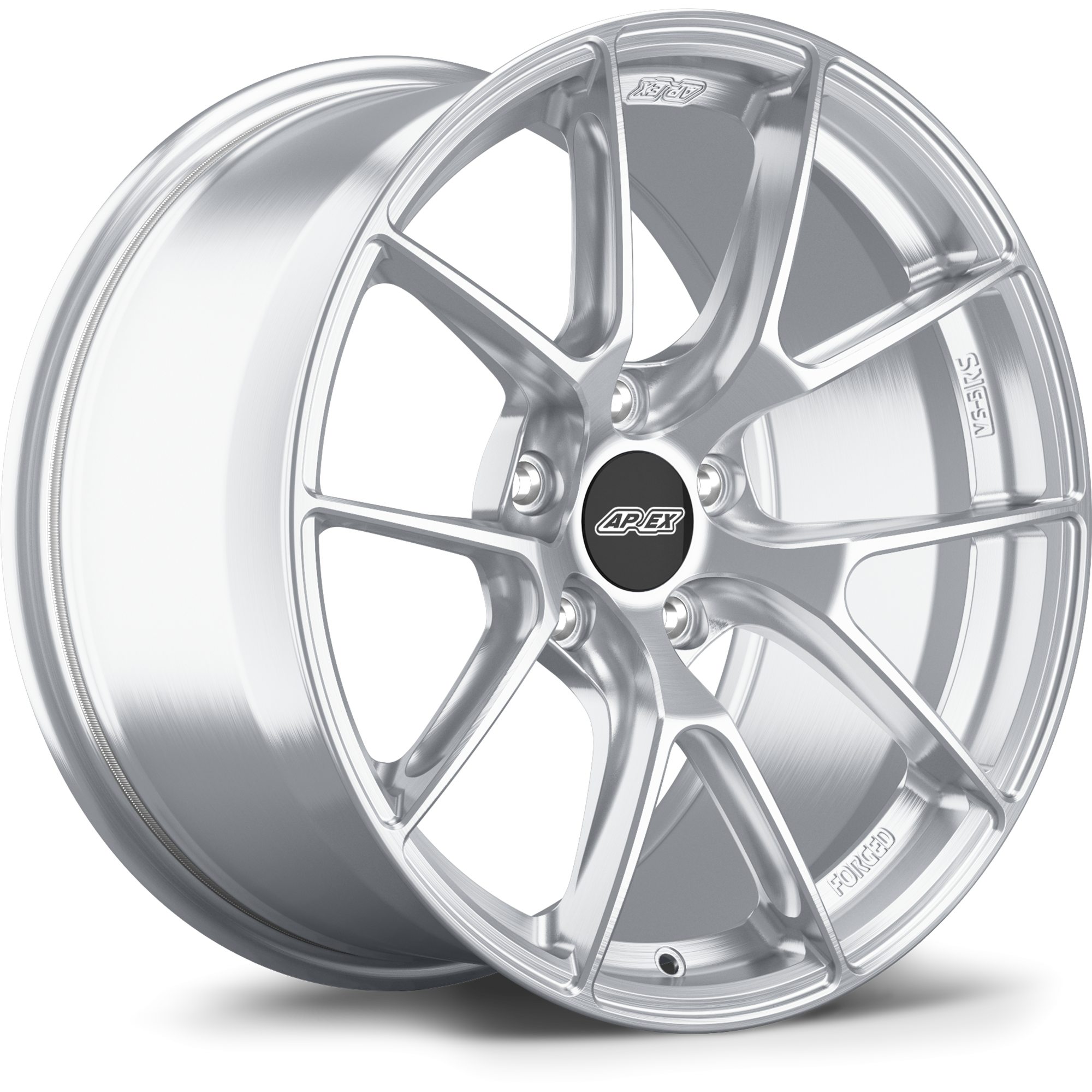 Silver forged aluminum wheel with Y-spoke design and center cap, shown at angle on white background - APEX Wheels wheel for 18x9 ET25 5x112 - Brushed Clear
