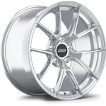 Silver forged aluminum wheel with Y-spoke design and center cap, shown at angle on white background - APEX Wheels wheel for 18x9 ET25 5x112 - Brushed Clear