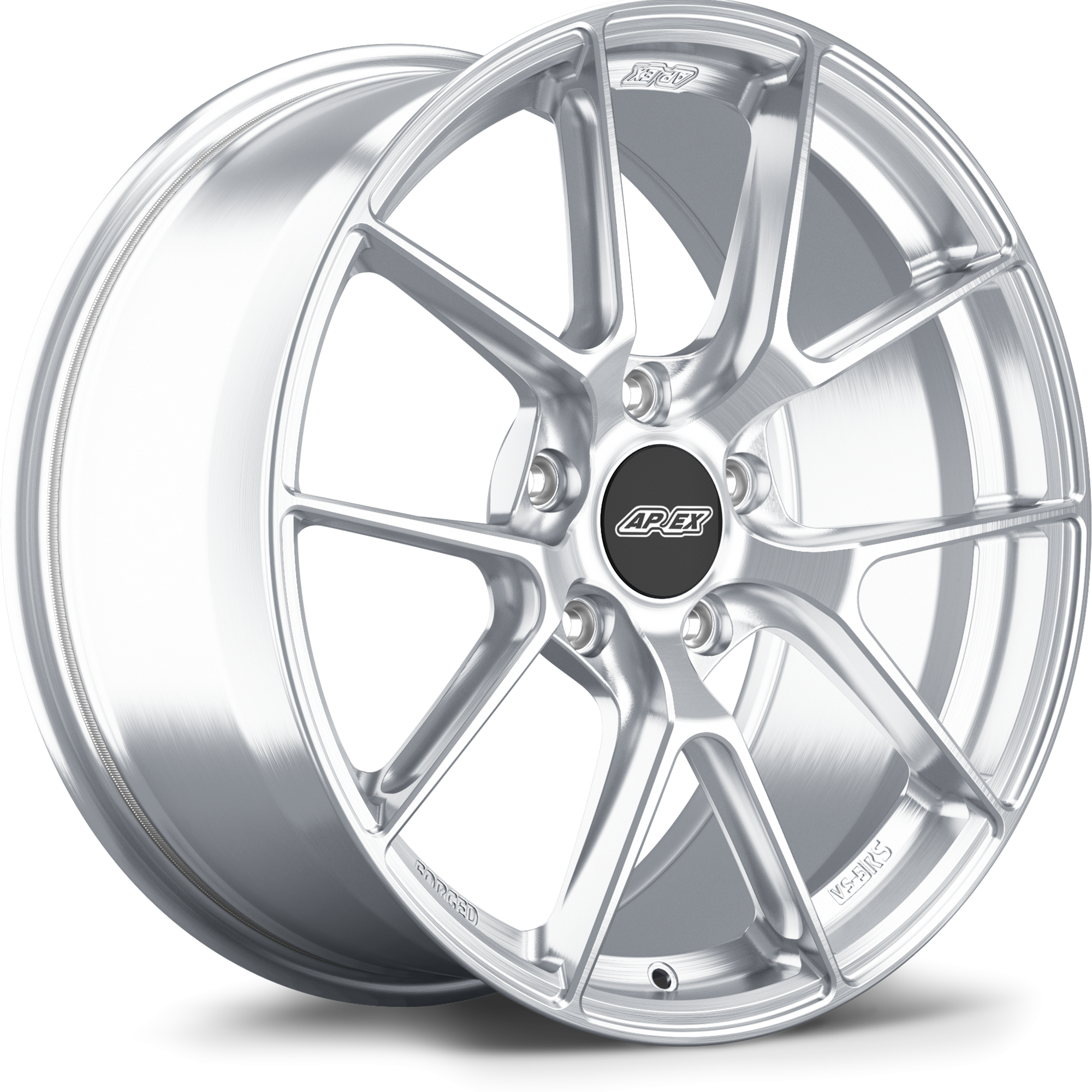 Silver alloy wheel with ten-spoke design, brushed finish, and black center cap on white background - APEX Wheels wheel for 19x9 ET34 5x112 - Brushed Clear