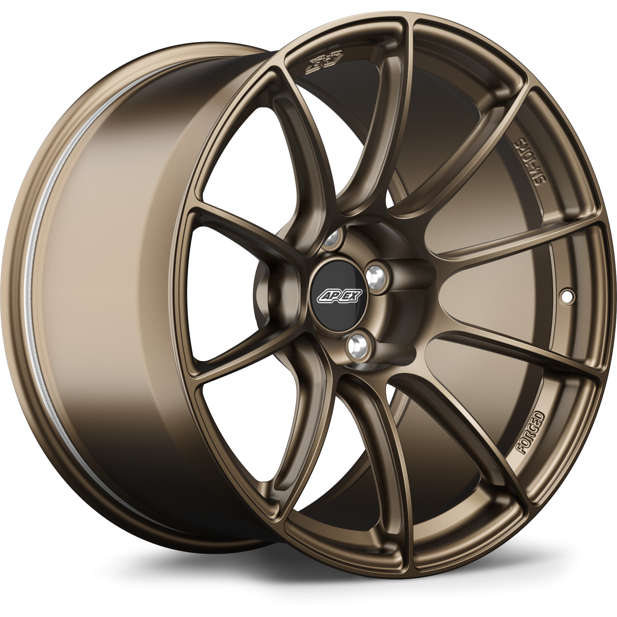 Bronze finished alloy wheel with ten-spoke design, center cap, and lug bolt holes on white background - APEX Wheels wheel for 19x11 ET9 5x120 - Satin Bronze