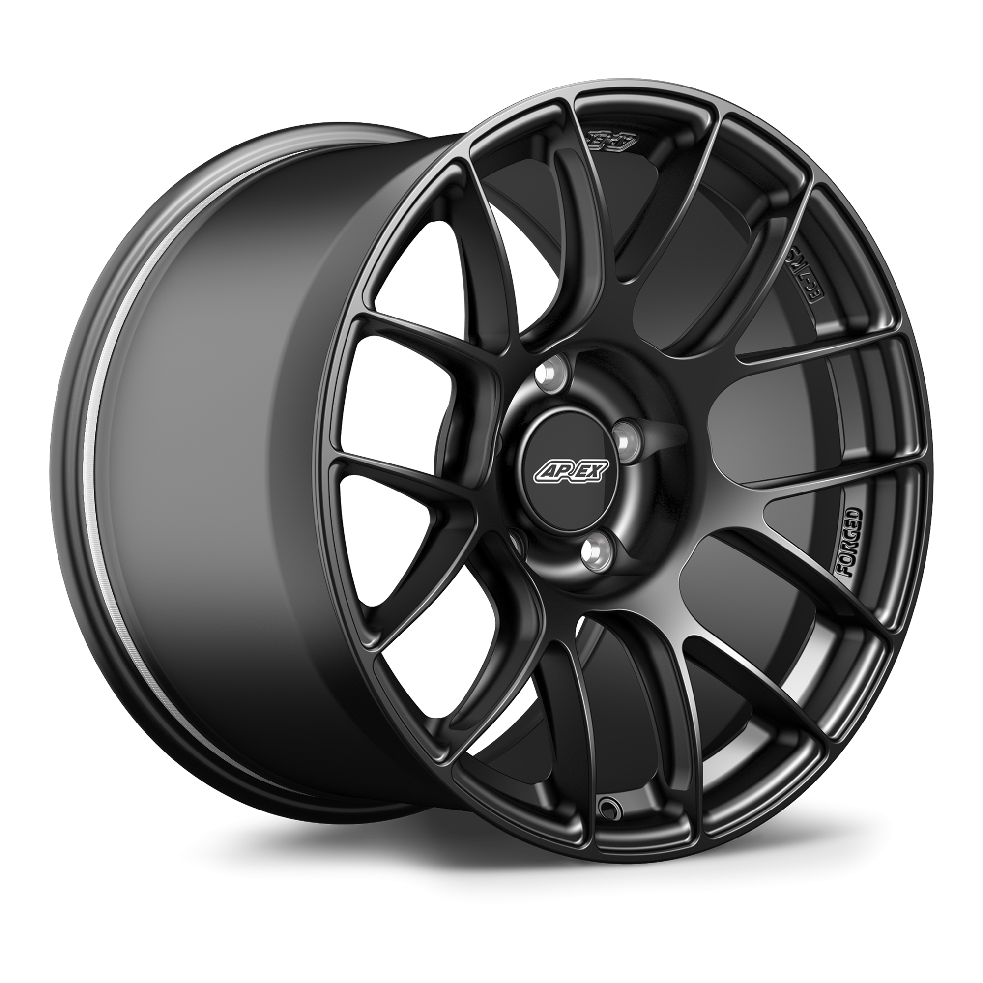 Dark gunmetal forged wheel with multi-spoke design showing center cap and valve stem opening - APEX Wheels wheel for 18x11 ET38 5x120.65 - Satin Black