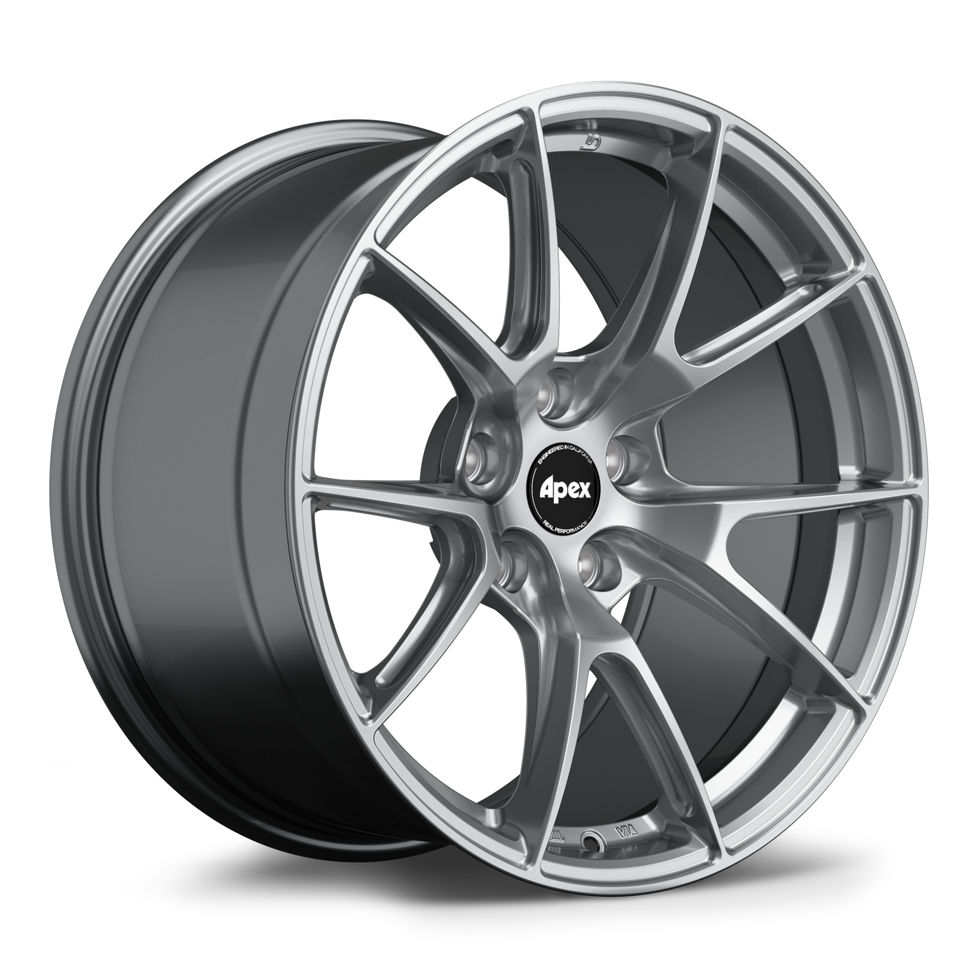 Two silver alloy wheels with split-spoke design, five-bolt pattern, machined finish, and center caps displayed on white background - APEX Wheels wheel for 18x10.5 ET22 5x120 - Hyper Black