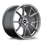 Two silver alloy wheels with ten-spoke design and black center caps displayed at angle on white background - APEX Wheels wheel for 18x10 ET25 5x120 - Hyper Black