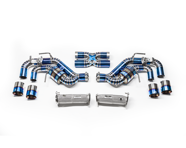 A top view of RYFT Titanium Performance Exhaust System Chevrolet C8 Z51 2020+ with white background with all its parts