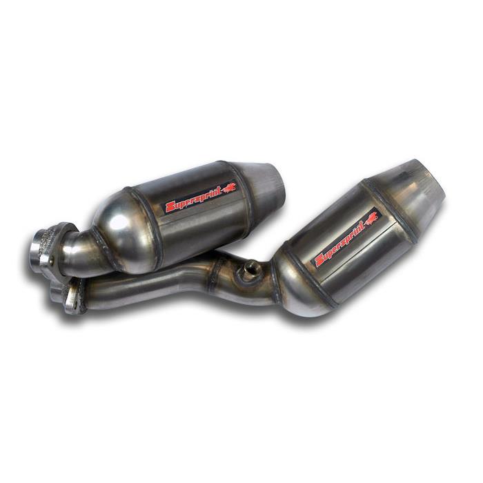 wide top view of Supersprint Metallic catalytic converter HJS, 100CPSI kit for OEM headers (Weld on connection) for BMW E46 M3 3.2i Coupé/Cabrio 2001-2006 (USA Model Ø60mm - Single Pipe) with white background