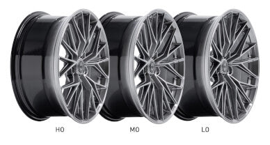 A side view of HRE FlowForm FF28 Wheels in the three offsets (high offset, medium offset and low offset) with a white background