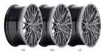 A side view of HRE FlowForm FF28 Wheels in the three offsets (high offset, medium offset and low offset) with a white background