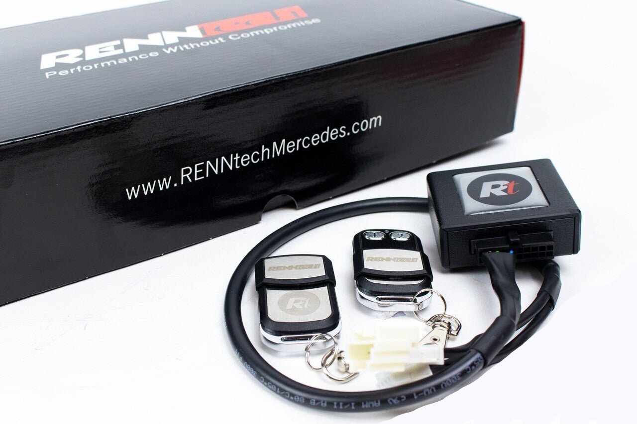 A close up view of RENNtech EVM | Exhaust Valve Module with its box and parts with white background.