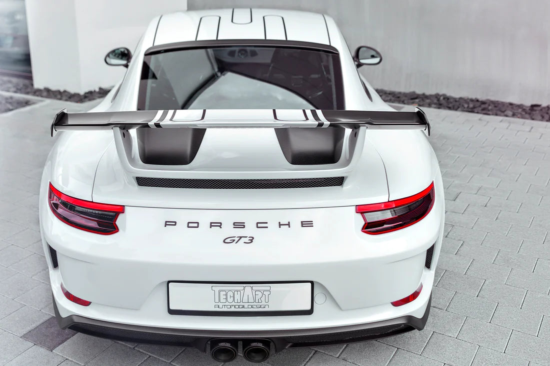 A wide back view of TECHART Engine Air Intake Cover Carbon "matte" for Porsche 991.2 GT3 from MY17 