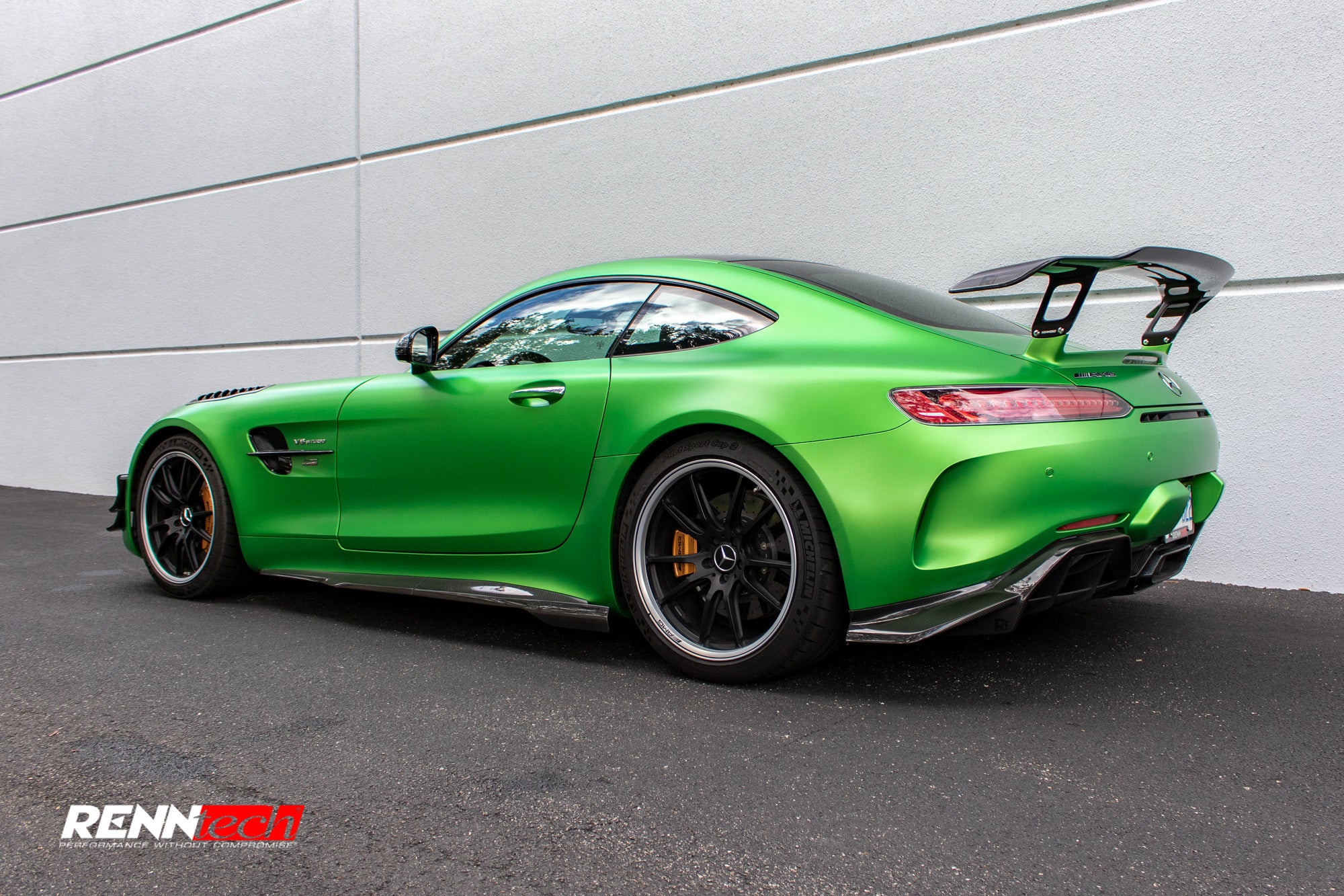 Green AMG GT R car front three-quarter showing the skirts - Carbon Fiber Side Skirts for the 2018-2021 AMG GT R / GT R Pro