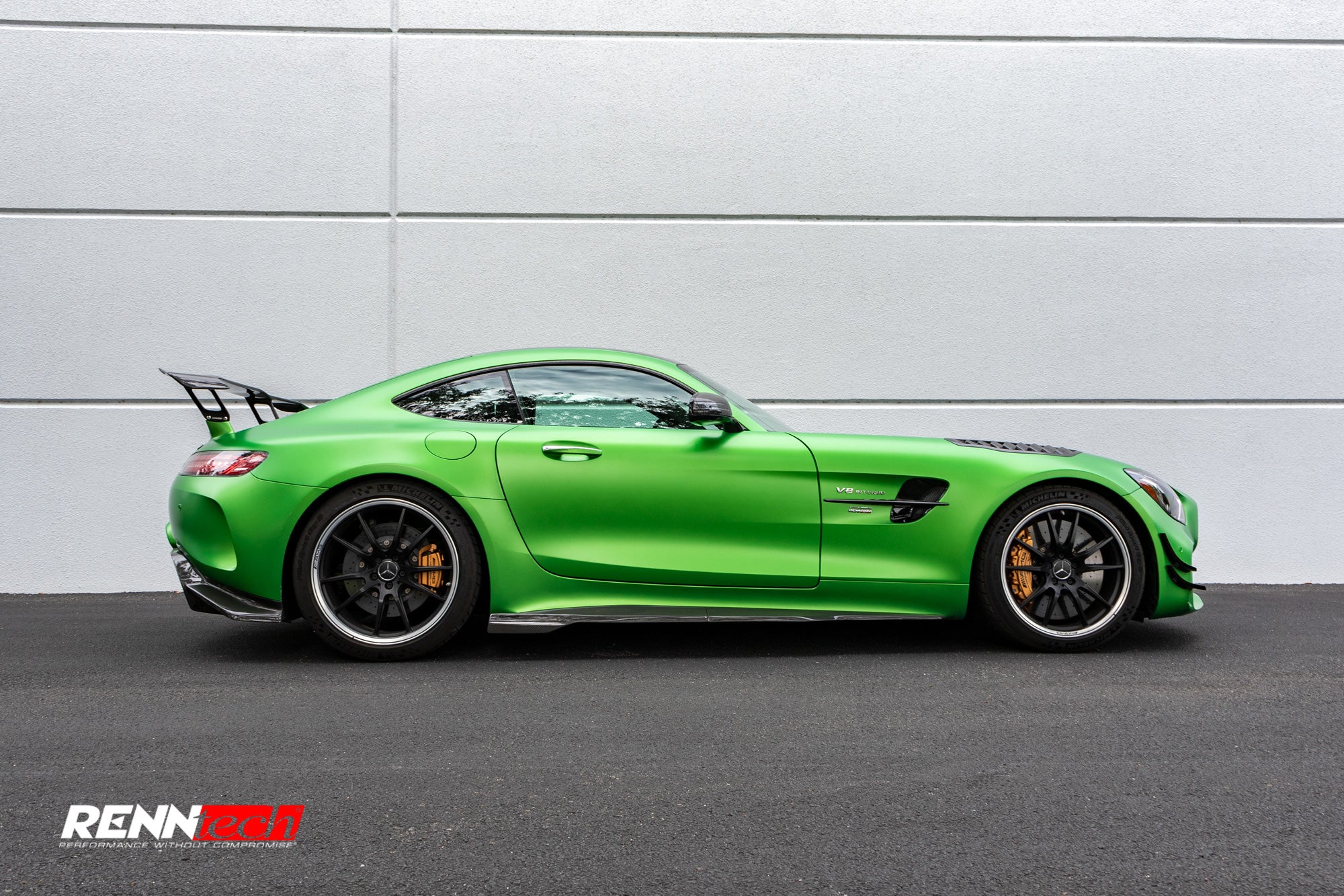 Green AMG GT R car side profile with carbon side skirts - Carbon Fiber Side Skirts for the 2018-2021 AMG GT R / GT R Pro