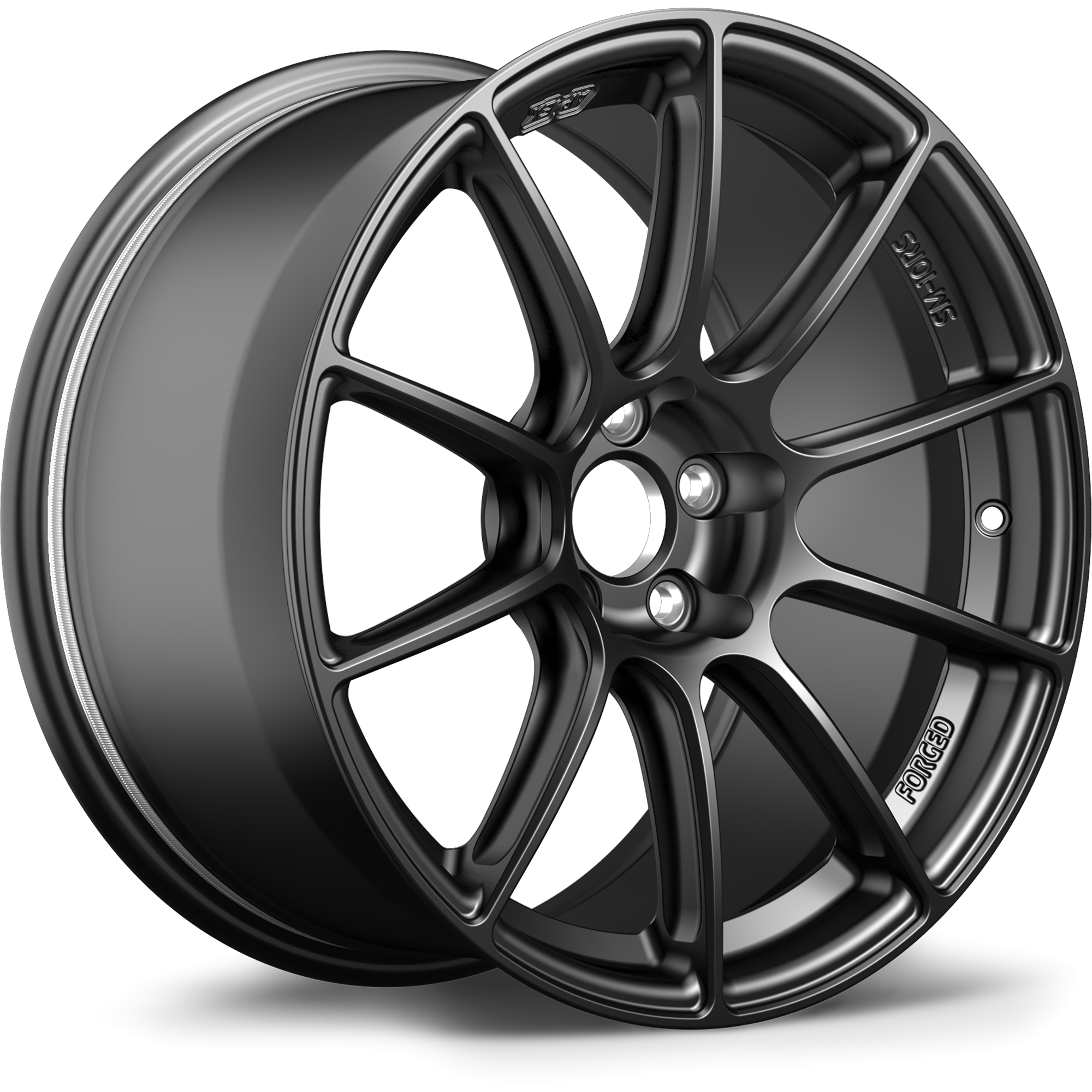 Dark gunmetal alloy wheel with split-spoke design and five-bolt mounting pattern on white background - APEX Wheels wheel for 17x10 ET48 5x114.3 - Satin Black