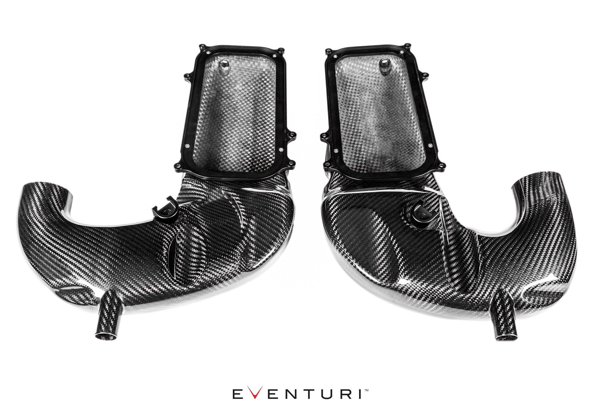 Twin carbon fiber cold air intake tubes with black mounting flanges and perforated metal screens on clean white background - Eventuri cold air intake for Mercedes-Benz C253 GLC63 AMG C253 GLC63S AMG