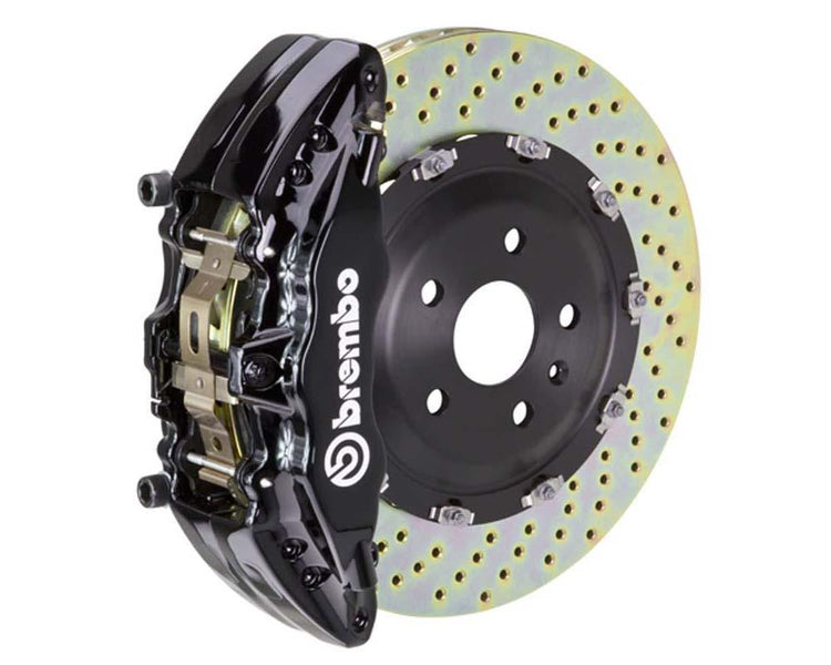 A front view of Brembo Race Front Big Brake Kit 355x35 2-Piece 6-Piston Type 3 Semi-Float Rotors for BMW M3 (E46) & Z4 M-Coupe / Roadster (E85 / E86) with white background