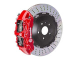 A front view of Brembo GT Front Big Brake Kit 405x34 2-Piece 6-Piston Drilled Rotors Volkswagen Tiguan R (Mk2) in red calipers with white background