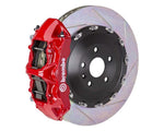 A front view of Brembo GT Front Big Brake Kit 405x34 2-Piece 6-Piston Slotted Rotors Volkswagen Tiguan R (Mk2) in red caliper with white background