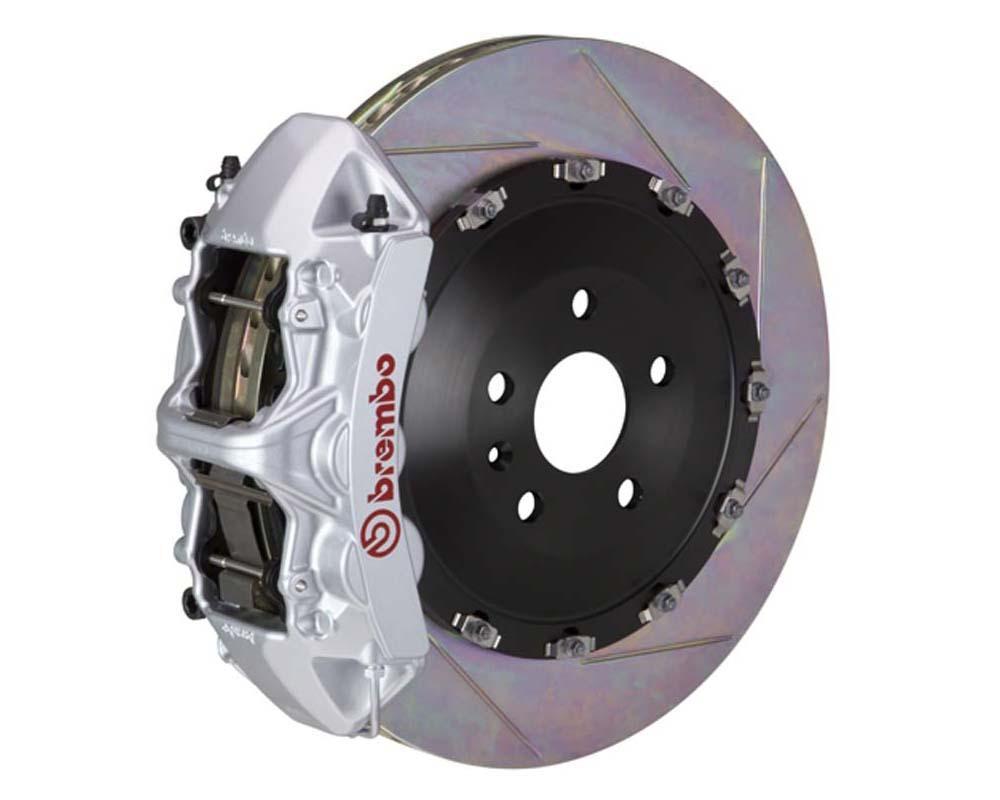A front view of Brembo GT Front Big Brake Kit 405x34 2-Piece 6-Piston Slotted Rotors Volkswagen Tiguan R (Mk2) in silver caliper with white background