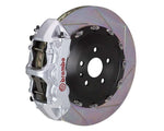 A front view of Brembo GT Front Big Brake Kit 405x34 2-Piece 6-Piston Slotted Rotors Volkswagen Tiguan R (Mk2) in silver caliper with white background