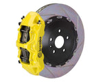 A front view of Brembo GT Front Big Brake Kit 405x34 2-Piece 6-Piston Slotted Rotors Volkswagen Tiguan R (Mk2) in yellow caliper with white background