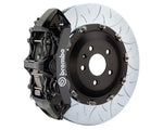 A front view of Brembo GT Front Big Brake Kit 405x34 2-Piece 6-Piston Type 3 Rotors Volkswagen Tiguan R (Mk2) in black caliper with white background