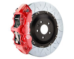 A front view of Brembo GT Front Big Brake Kit 405x34 2-Piece 6-Piston Type 3 Rotors Volkswagen Tiguan R (Mk2) in red caliper with white background