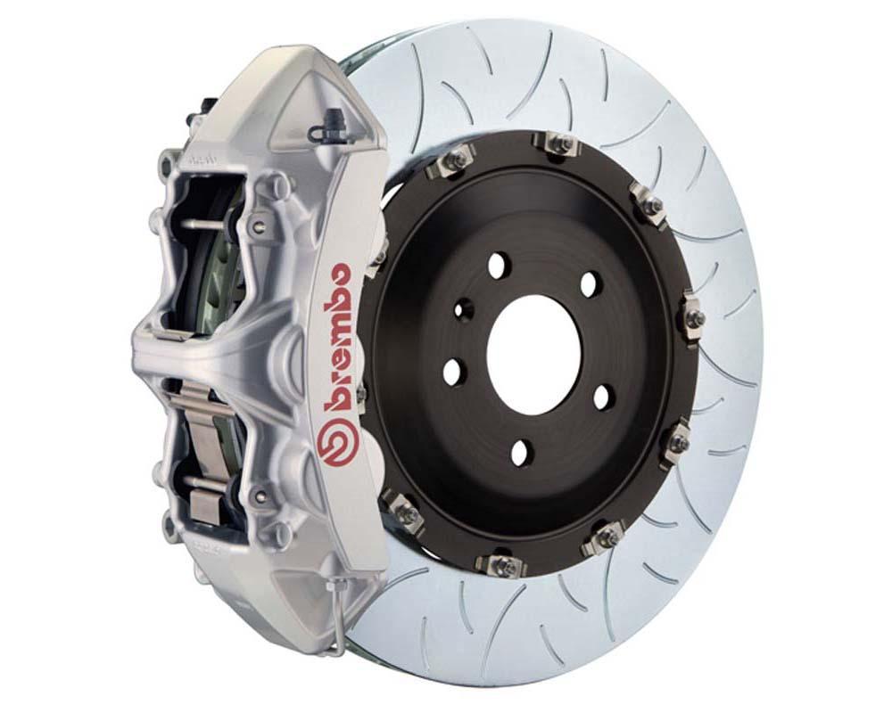 A front view of Brembo GT Front Big Brake Kit 405x34 2-Piece 6-Piston Type 3 Rotors Volkswagen Tiguan R (Mk2) in silver caliper with white background