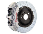 A front view of Brembo GT Front Big Brake Kit 405x34 2-Piece 6-Piston Type 3 Rotors Volkswagen Tiguan R (Mk2) in silver caliper with white background