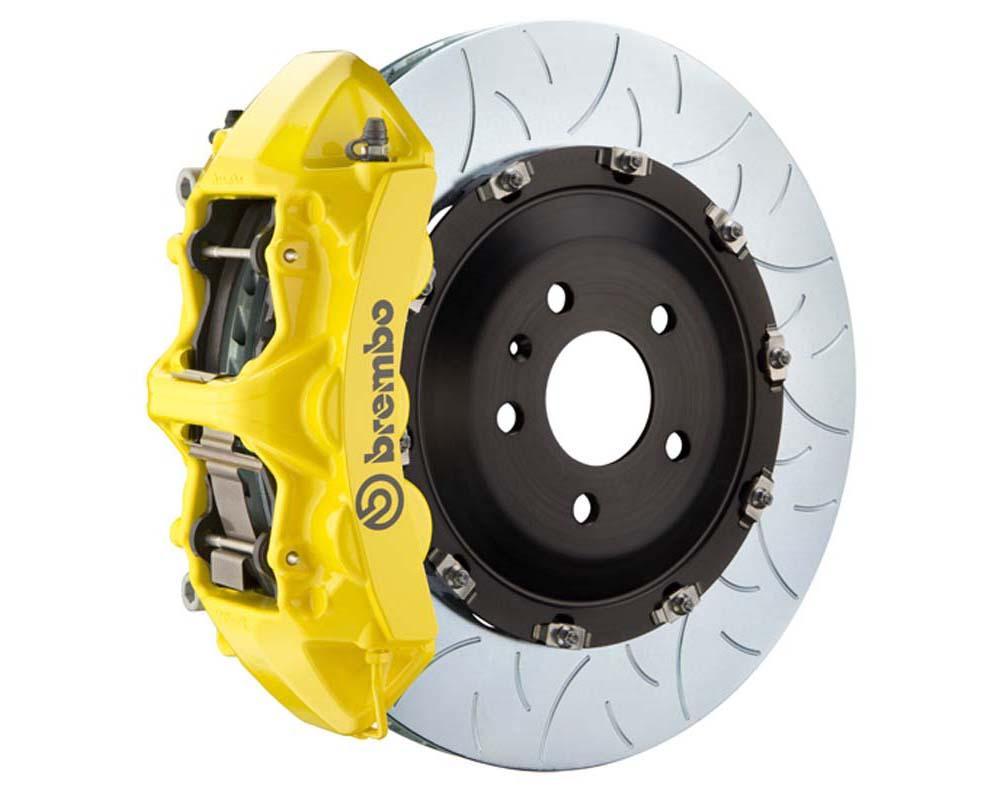 A front view of Brembo GT Front Big Brake Kit 405x34 2-Piece 6-Piston Type 3 Rotors Volkswagen Tiguan R (Mk2) in yellow caliper with white background