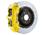 A front view of Brembo GT Front Big Brake Kit 405x34 2-Piece 6-Piston Type 3 Rotors Volkswagen Tiguan R (Mk2) in yellow caliper with white background