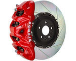 A front view of Brembo GT Front Big Brake Kit 412x38 2-Piece 8-Piston Slotted Rotors for Cadillac Escalade V-Series in red caliper with white background