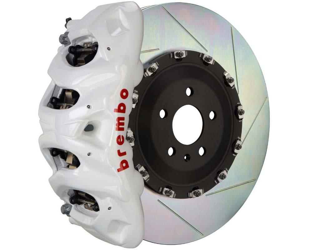 A front view of Brembo GT Front Big Brake Kit 412x38 2-Piece 8-Piston Slotted Rotors for Cadillac Escalade V-Series in white caliper with white background