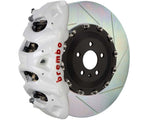 A front view of Brembo GT Front Big Brake Kit 412x38 2-Piece 8-Piston Slotted Rotors for Cadillac Escalade V-Series in white caliper with white background