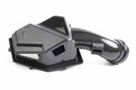 Profile view of the fully assembled Dinan carbon fiber cold air intake system for BMW G01 X3 and G02 X4 M40i, featuring a high-gloss weave finish.