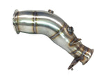 A side view of Evolution Racewerks Competition Series 4" Catless Downpipe for BMW F30/F32/F33/F20/F21 N55 in Brushed Finish