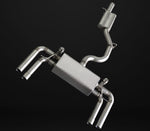 A front view of IPE SS Cat-Back Exhaust System with Remote Control for Audi S3 8V Sedan 2013-2020 with black background