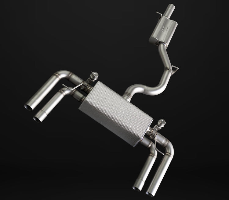 A front view of IPE SS Cat-Back Exhaust System with Remote Control for Audi S3 8V Sedan 2013-2020 with black background