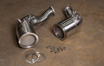 Audi C8 RS6 and RS7 high-flow 400 cell catted downpipes in T304 stainless steel with gaskets and mounting bolts.