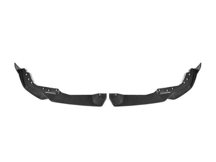 A back wide view of AUTOTECKNIC DRY CARBON PERFORMANTE FRONT SPLITTER SET - BMW G20 3-SERIES M-SPORT LCI 2022+ with white background