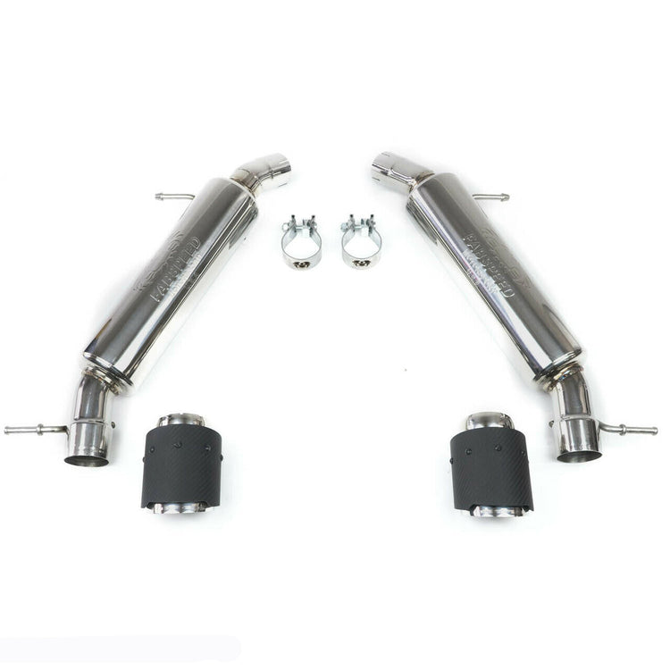Top-down view of the full Fabspeed Supercup Exhaust System including two stainless steel muffler sections, two mounting clamps, and two carbon fiber exhaust tips laid out on a white background.