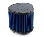 A side-profile view of a conical automotive air filter with blue pleated fabric media and a silver wire mesh cover. It features a black rubber base and a solid black circular top cap.