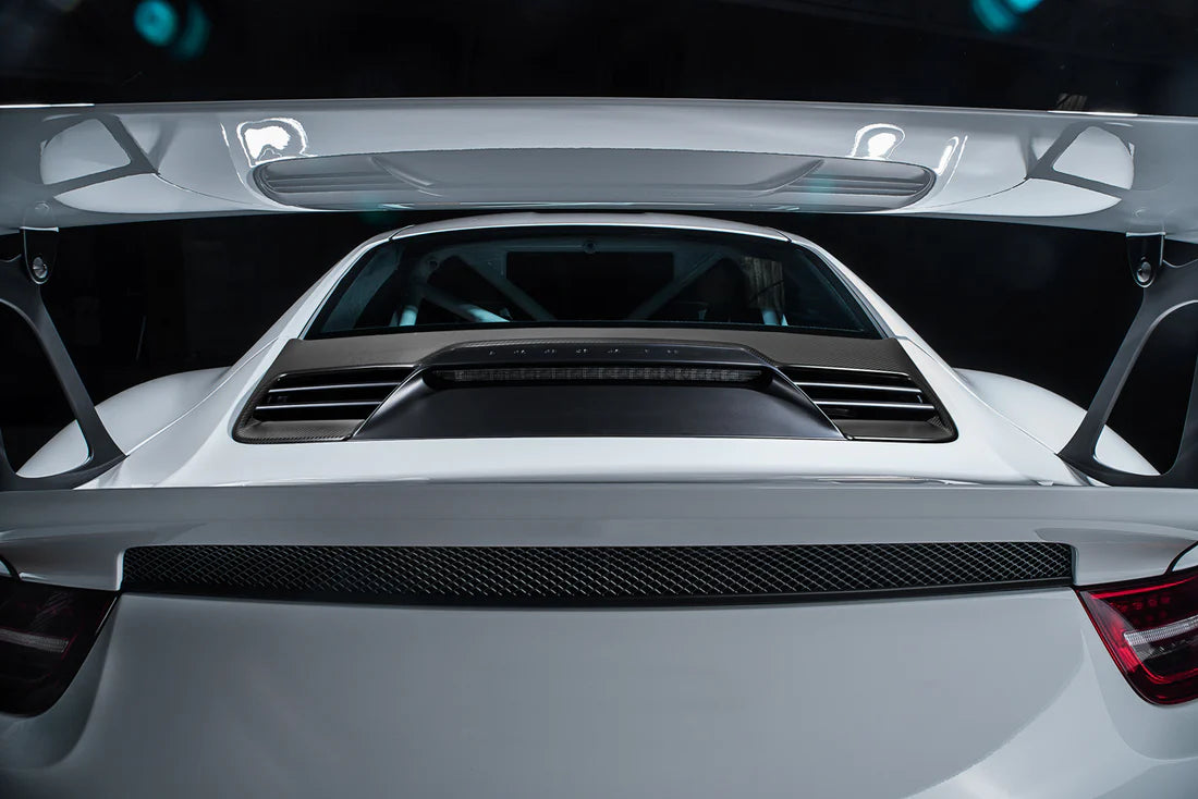 A back view of TECHART Tailgate Panel Carbon "matte" for Porsche 991.1 GT3 RS until MY16 fitted on a car 