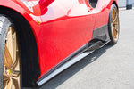 Capristo carbon side skirt with wings on red Ferrari 488 Pista, close up
