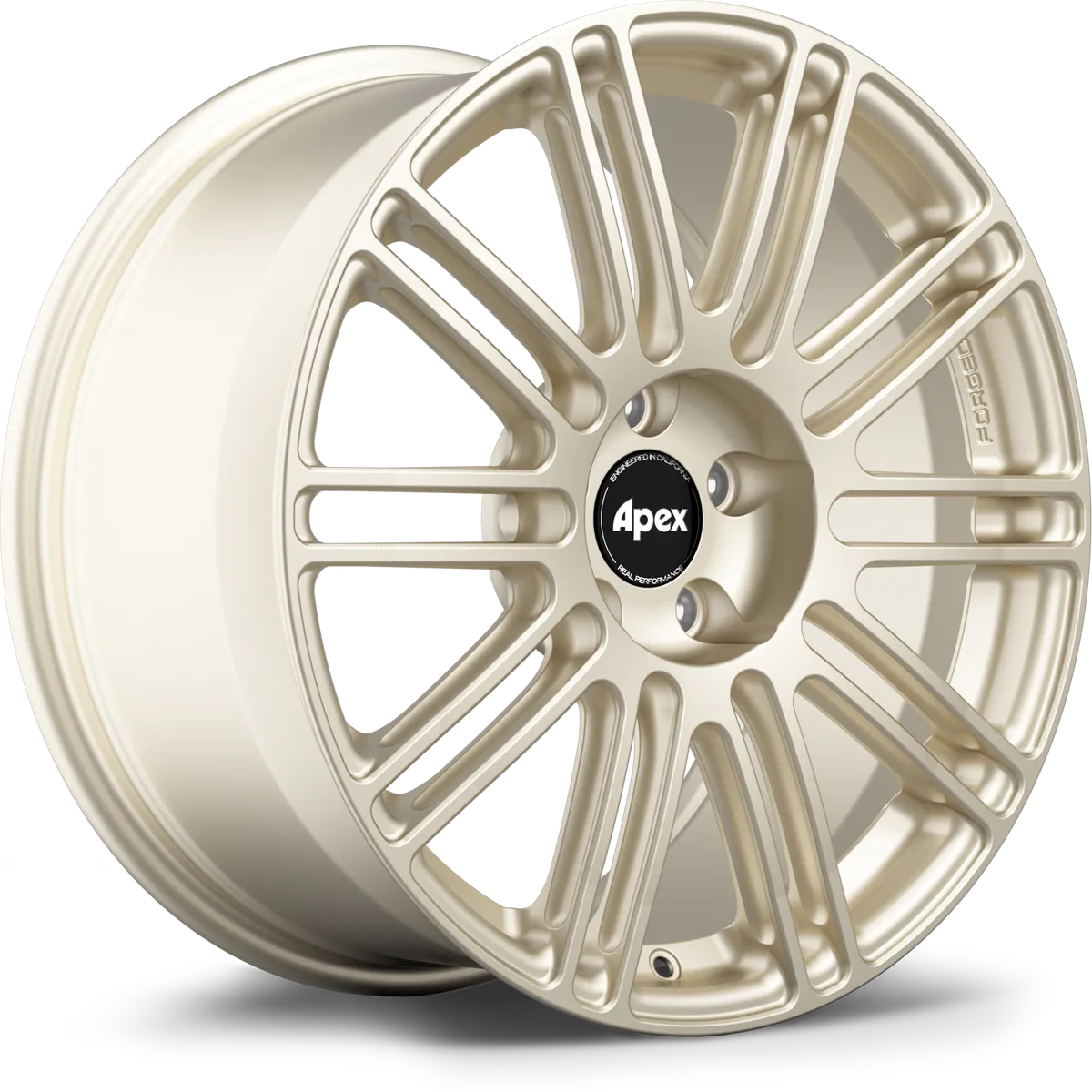 A front view of APEX TC-10RT Forged Wheel for Audi and VW in Motorsport Gold with white background