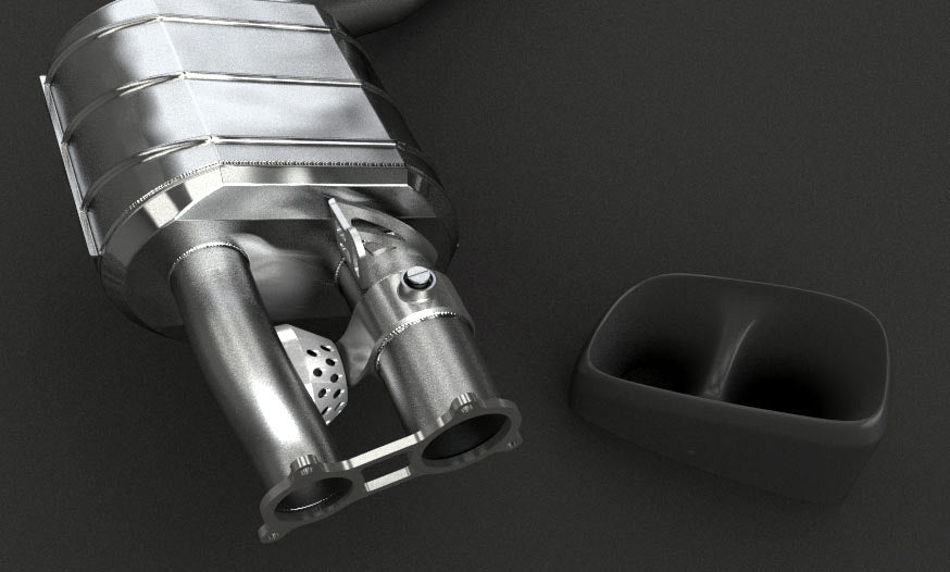 Close-up of Capristo Panamera 970 valved muffler and black rectangular tip trim