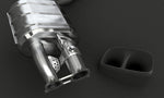 Close-up of Capristo Panamera 970 valved muffler and black rectangular tip trim