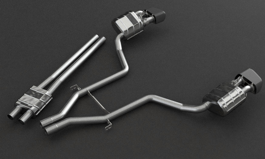 Capristo Panamera 970 valved exhaust with mid-pipes, angled view of black rectangular tips