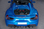 Capristo carbon and glass engine bonnet on a blue Ferrari 488 Spider, rear overhead view