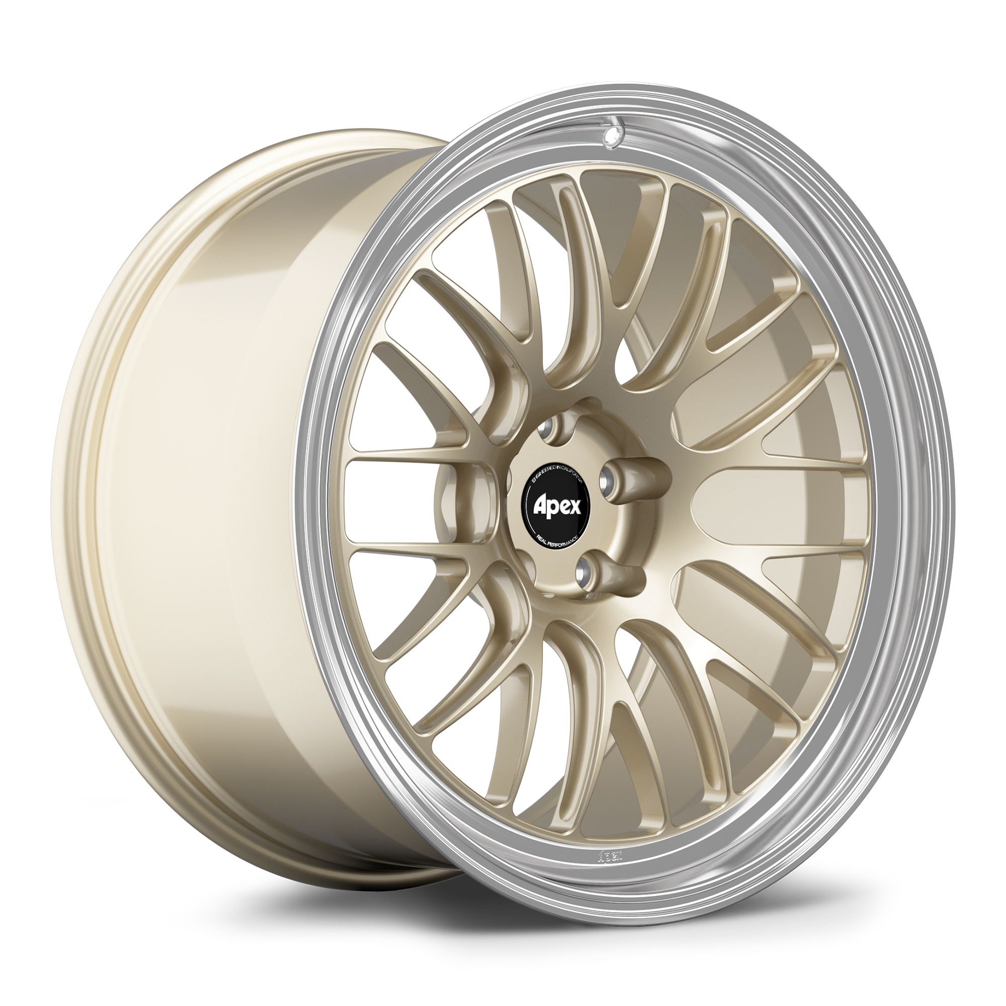 Two-piece forged wheel with gold center face, polished silver outer lip, multi-spoke design and black center cap - APEX Wheels wheel for 20x10 ET8 5x112 - Gloss Motorsport Gold - Machined Lip