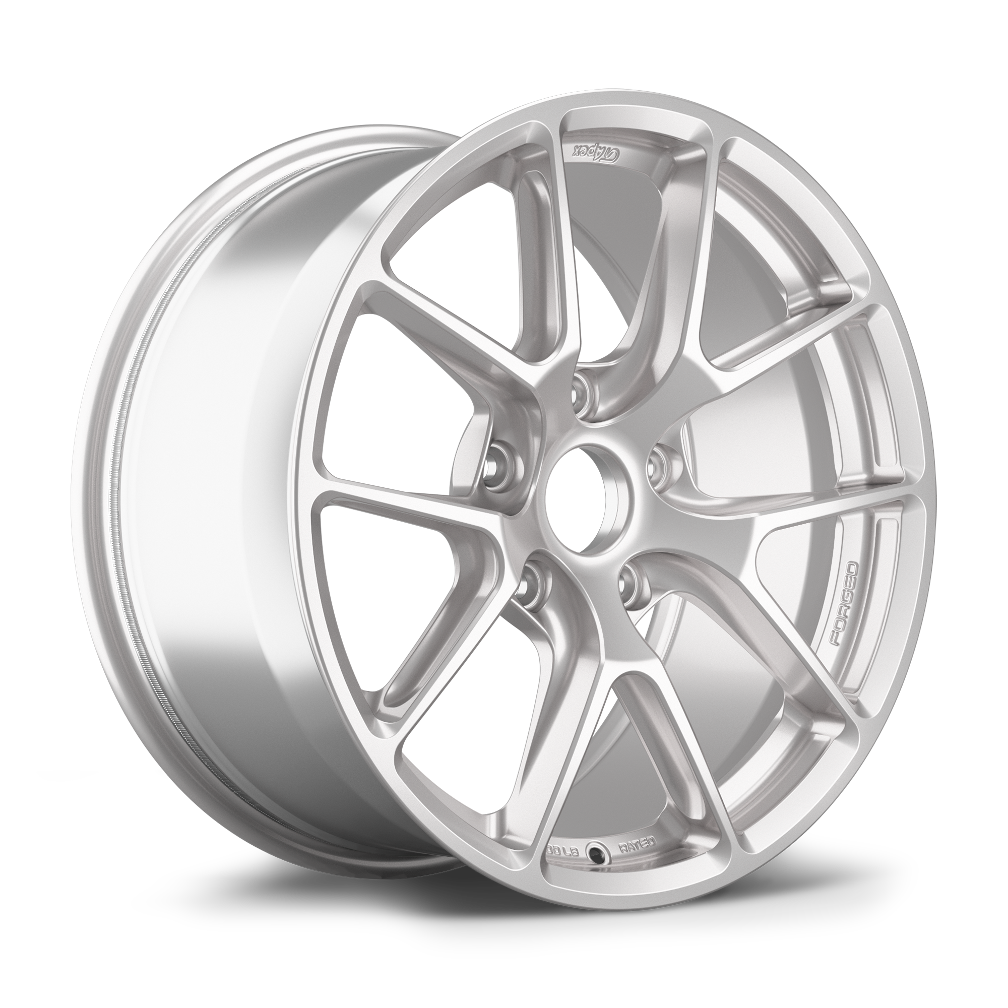 Silver alloy wheel with split-spoke design and machined finish on white background - APEX Wheels wheel for 18x9 ET46 5x130 - Race Silver